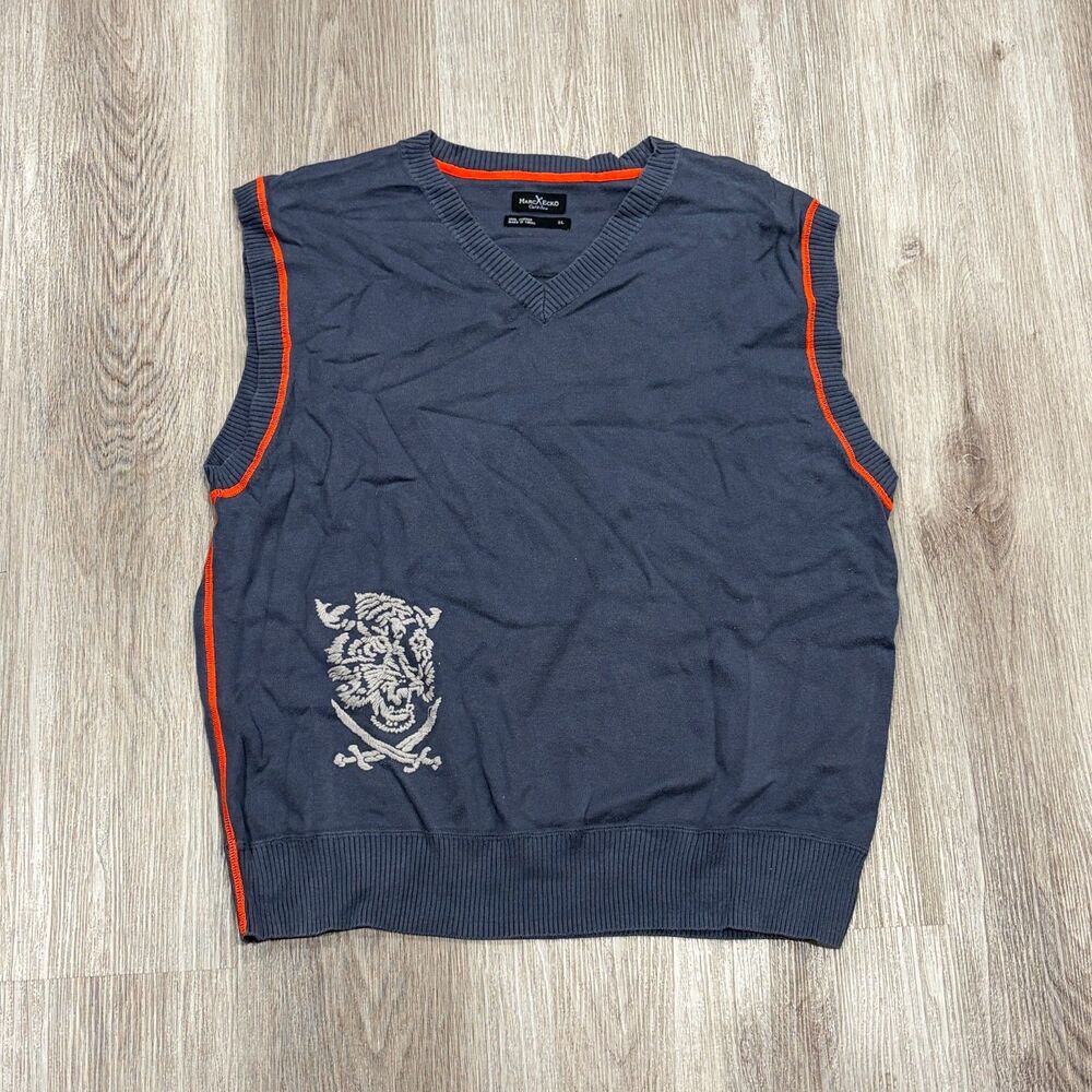 Vtg 00s Y2K Marc Ecko Cut & Sew Embroidered Tiger with Swords Sweater Vest Sz XL